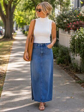 Stretch Denim Maxi Skirt – Women’s Size S Soft‎ Blue Jean Long Penmans Plus Boho